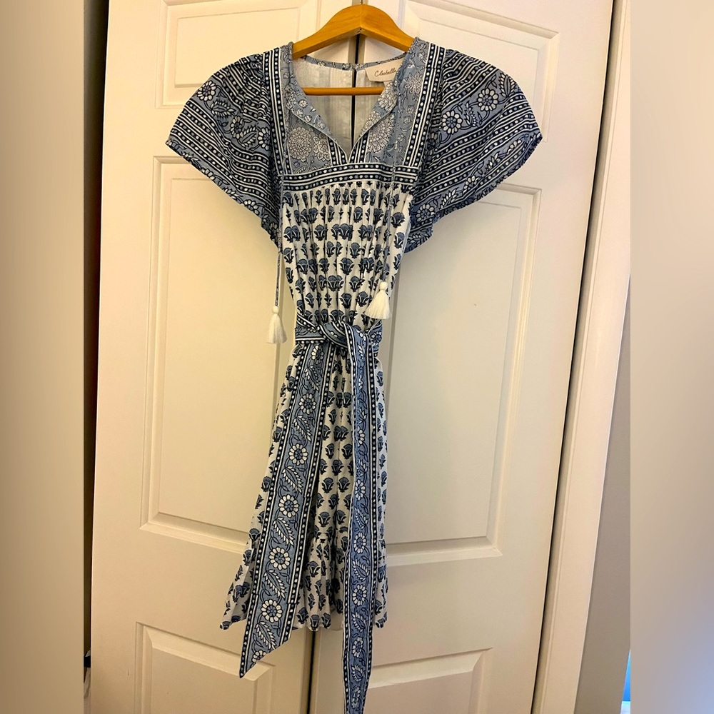 Cleobella White and Navy Blue Printed Cotton Dress